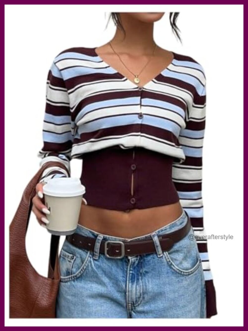Striped Knit Cropped Cardigan Button Up Cinched Waist V Neck Sweater